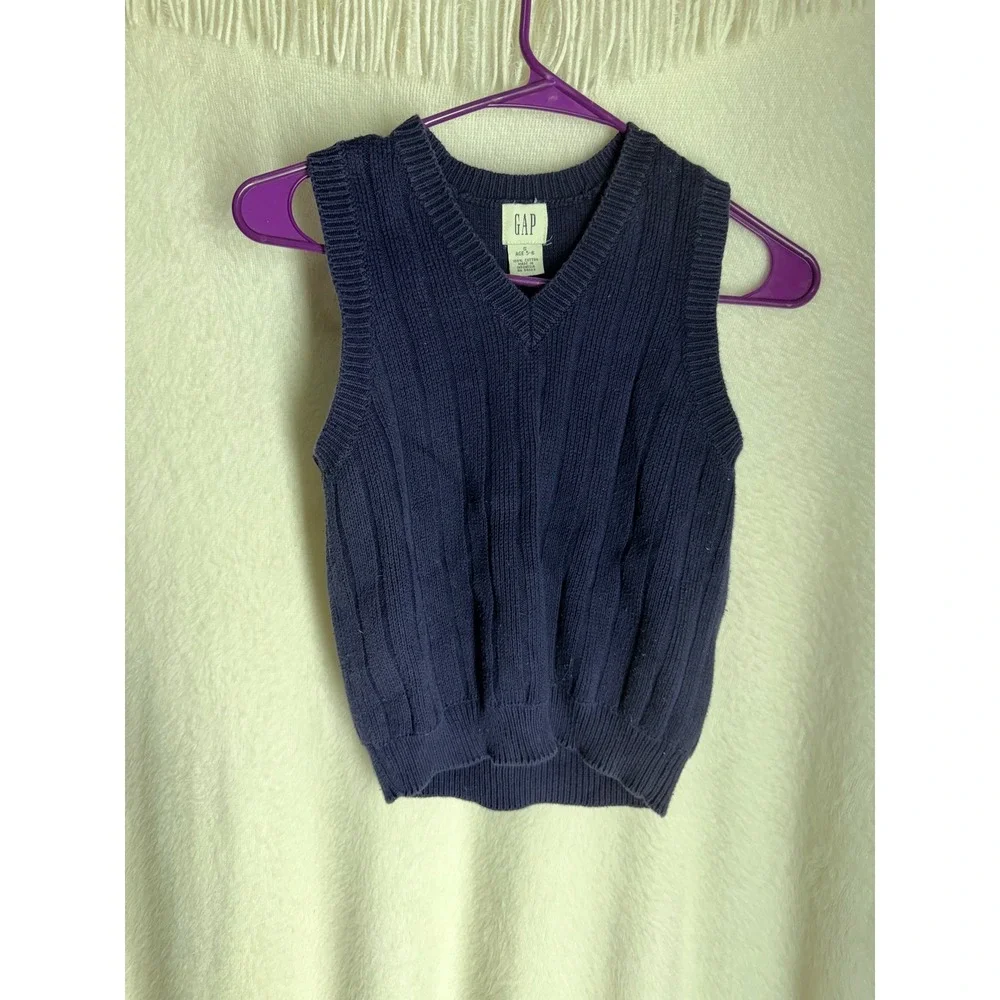 Gap Kids Navy Blue Cable Knit Sweater Vest V-Neck 100% Cotton Size S 5-6